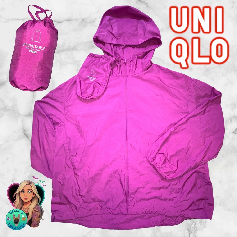 Uniqlo Rain Jacket Women Large Pocketable Parka Hot Pink Hooded Packable Ripstop
